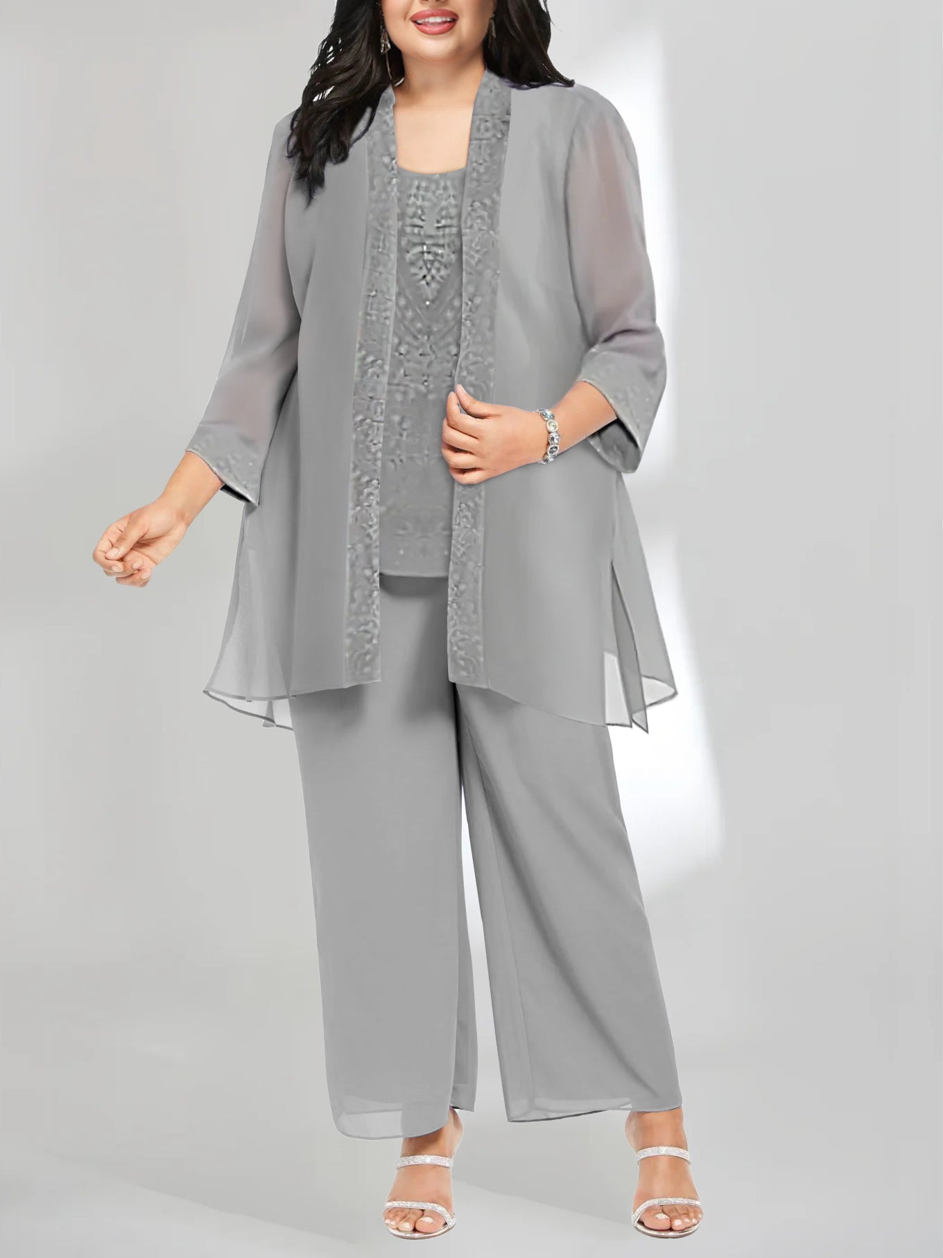 Ankle-Length Chiffon Mother of the Bride Pantsuit with Jacket in Scoop Style