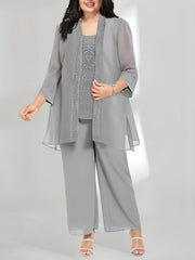 Ankle-Length Chiffon Mother of the Bride Pantsuit with Jacket in Scoop Style