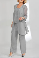 Ankle-Length Chiffon Mother of the Bride Pantsuit with Jacket in Scoop Style