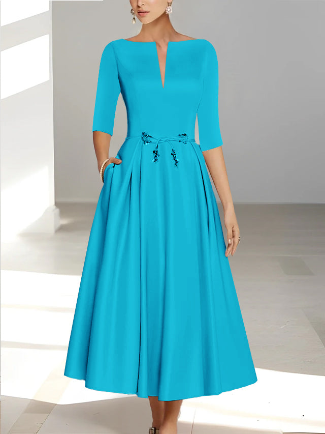 Ankle-Length Mother of the Bride A-Line Dress with Half Sleeves and Pockets