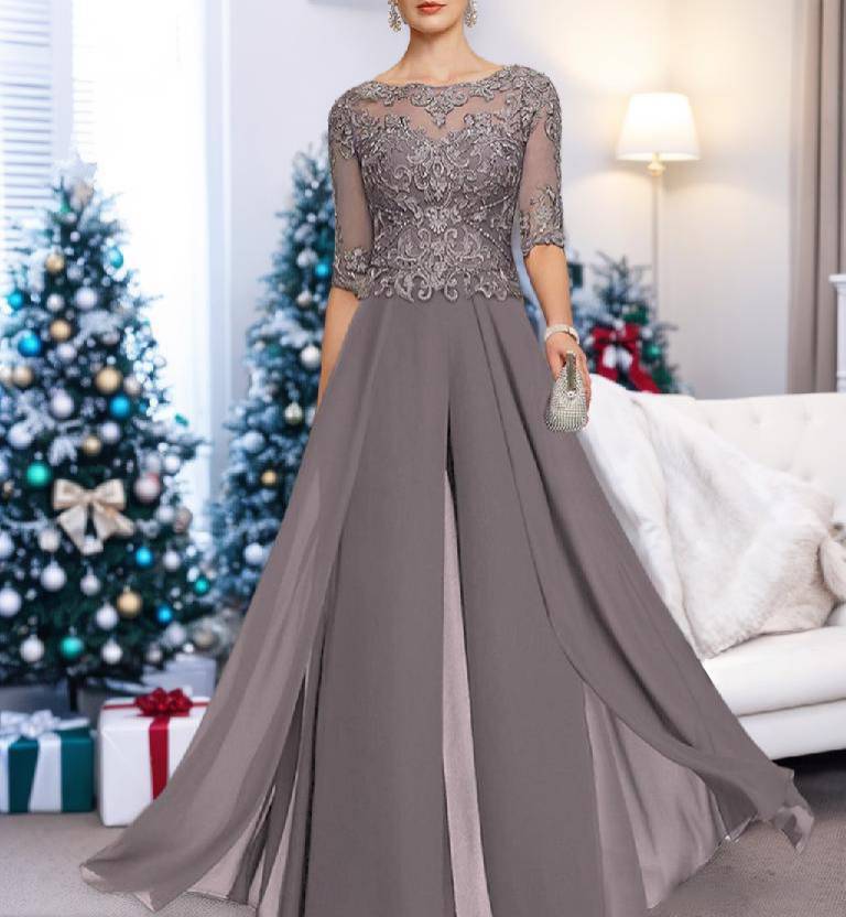 Ankle-Length Mother of the Bride Chiffon Pantsuit with Lace and Jewel Neckline