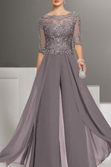 Ankle-Length Mother of the Bride Chiffon Pantsuit with Lace and Jewel Neckline
