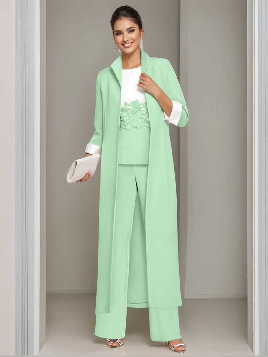 Ankle-Length Mother of the Bride Pantsuits in 3 Pieces Featuring Square Neck Jacket & Lace Appliques