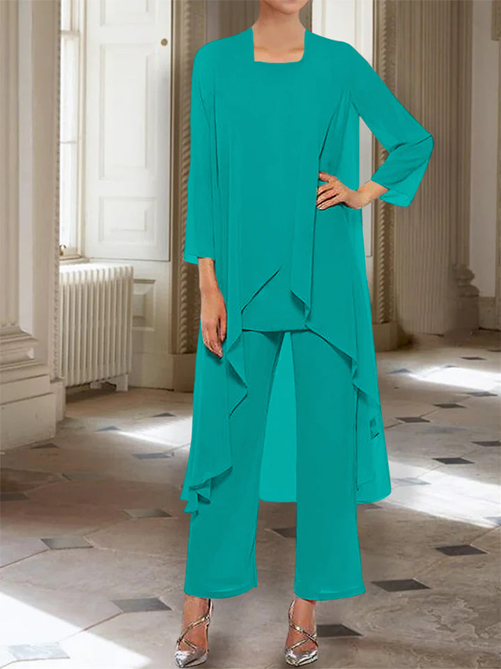 Ankle-Length Mother of the Bride Pantsuits with Jacket in Chiffon Round Neck and 3/4 Sleeves