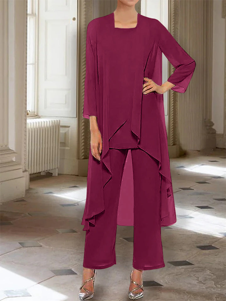 Ankle-Length Mother of the Bride Pantsuits with Jacket in Chiffon Round Neck and 3/4 Sleeves