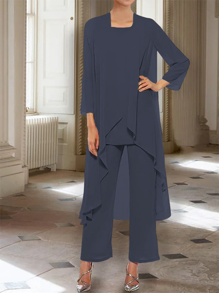 Ankle-Length Mother of the Bride Pantsuits with Jacket in Chiffon Round Neck and 3/4 Sleeves