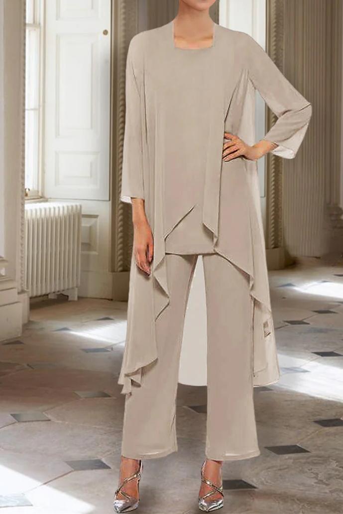 Ankle-Length Mother of the Bride Pantsuits with Jacket in Chiffon Round Neck and 3/4 Sleeves
