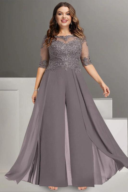 Ankle-Length Plus Size Chiffon Mother of the Bride Pantsuit with Lace and Jewel Neck