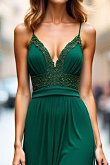 Appliqued Sheath Dark Green Wedding Guest Dress Lace Long Formal Dress With Slit