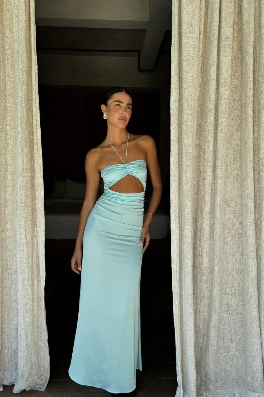 Aqua Blue Bodycon Prom Dress Strapless Design With Waist Cutout Formal Evening Gown