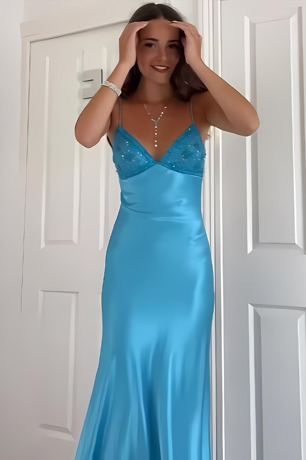 Dreamyannie Aqua Blue Spaghetti Strap Long Satin Prom Dress With Lace Bodice Formal Evening Gown