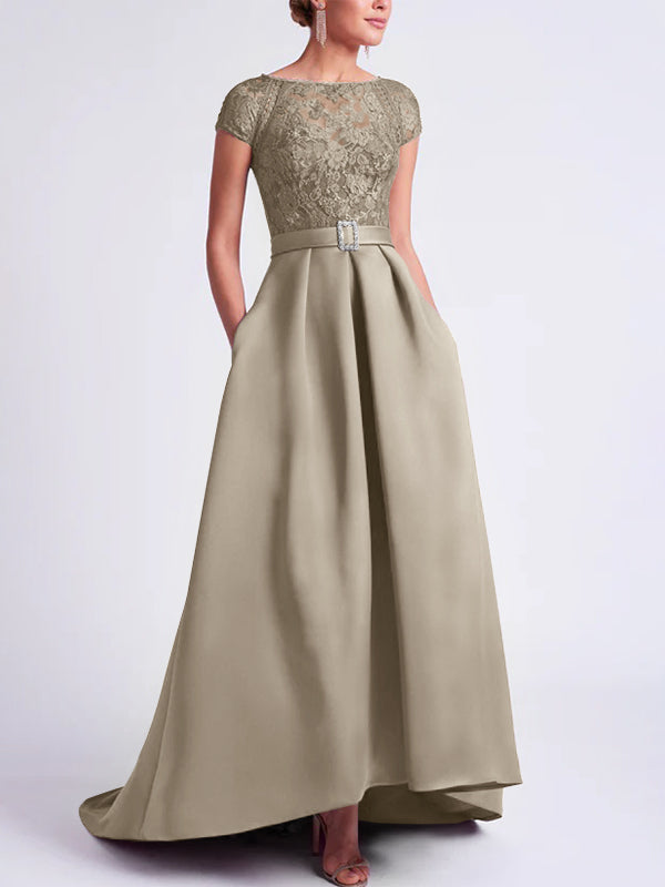 Asymmetrical A-Line Mother of the Bride Dress with Scoop Neck and Short Sleeves