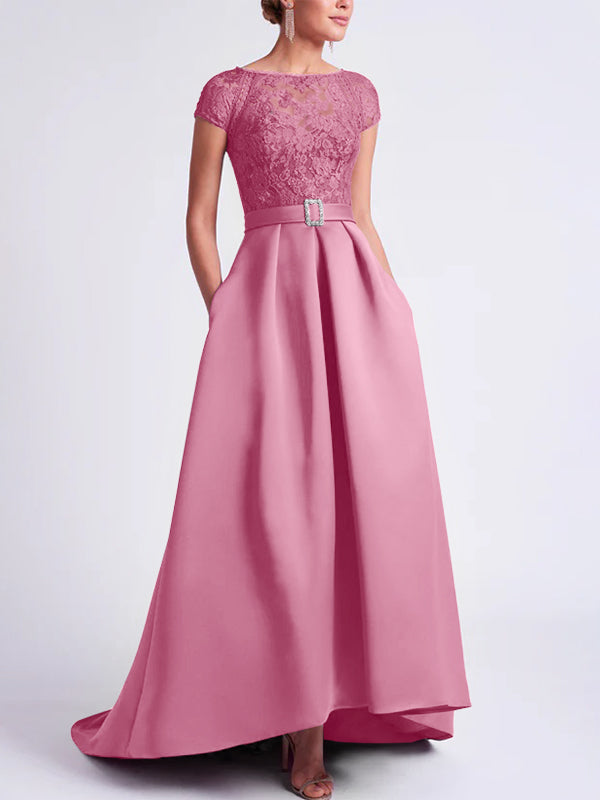 Asymmetrical A-Line Mother of the Bride Dress with Scoop Neck and Short Sleeves