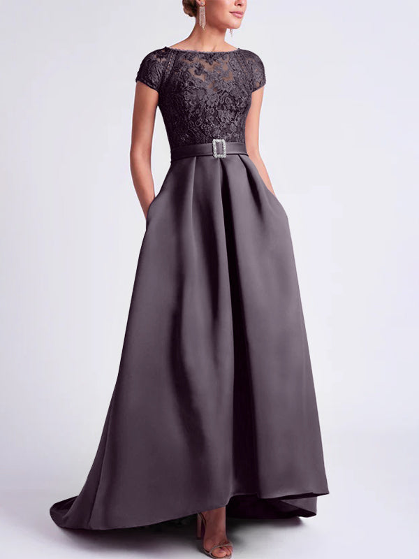 Asymmetrical A-Line Mother of the Bride Dress with Scoop Neck and Short Sleeves