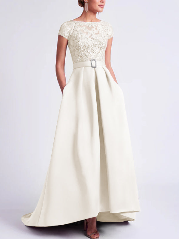 Asymmetrical A-Line Mother of the Bride Dress with Scoop Neck and Short Sleeves