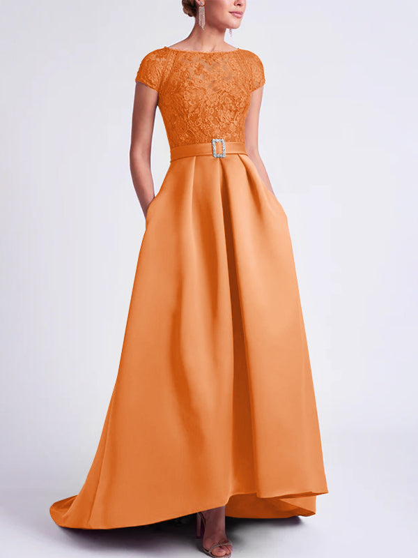 Asymmetrical A-Line Mother of the Bride Dress with Scoop Neck and Short Sleeves