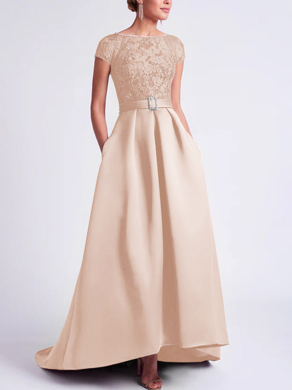 Asymmetrical A-Line Mother of the Bride Dress with Scoop Neck and Short Sleeves