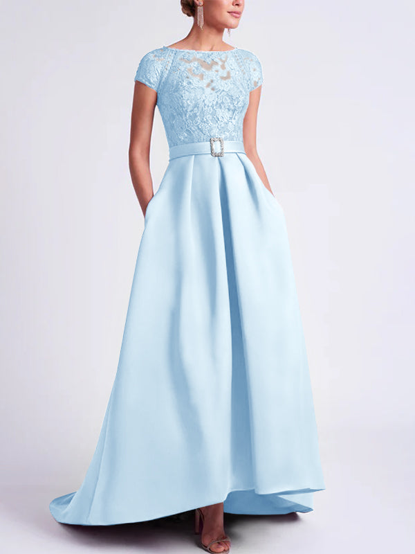 Asymmetrical A-Line Mother of the Bride Dress with Scoop Neck and Short Sleeves