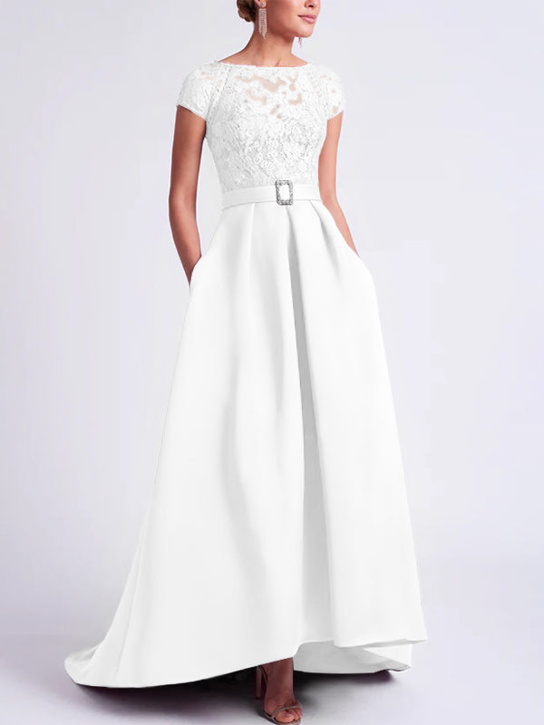 Asymmetrical A-Line Mother of the Bride Dress with Scoop Neck and Short Sleeves