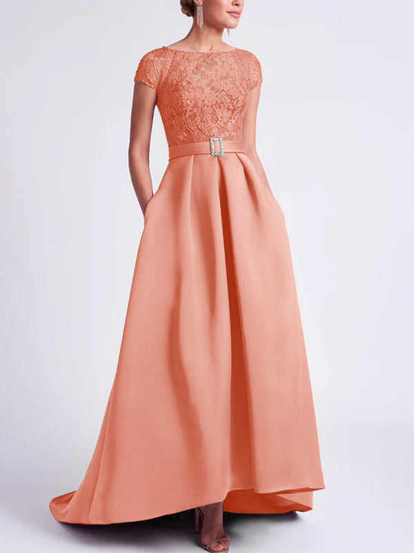 Asymmetrical A-Line Mother of the Bride Dress with Scoop Neck and Short Sleeves