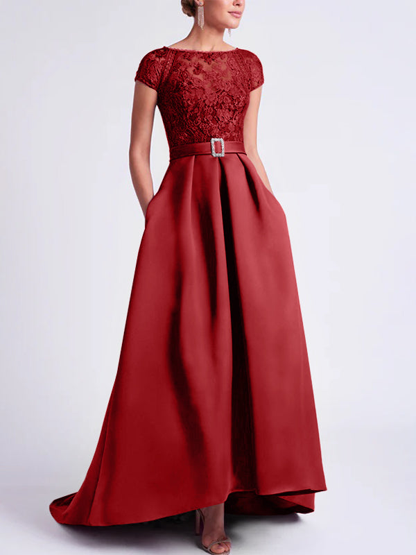 Asymmetrical A-Line Mother of the Bride Dress with Scoop Neck and Short Sleeves