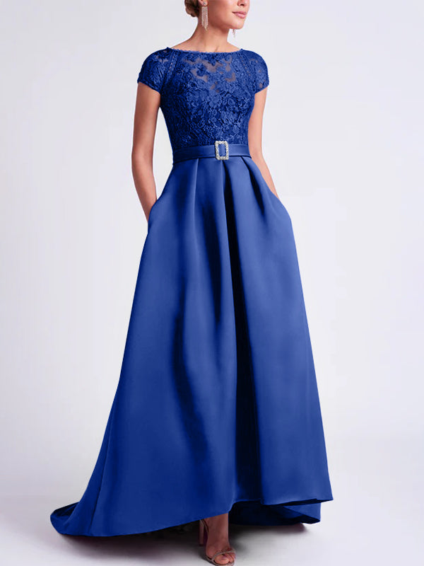 Asymmetrical A-Line Mother of the Bride Dress with Scoop Neck and Short Sleeves