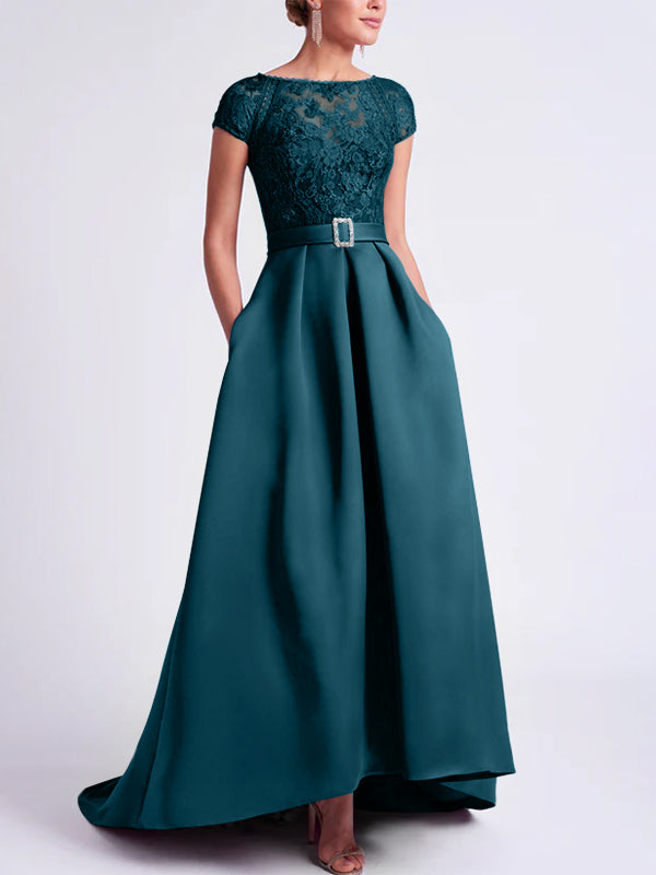 Asymmetrical A-Line Mother of the Bride Dress with Scoop Neck and Short Sleeves