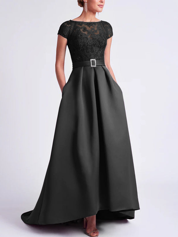 Asymmetrical A-Line Mother of the Bride Dress with Scoop Neck and Short Sleeves