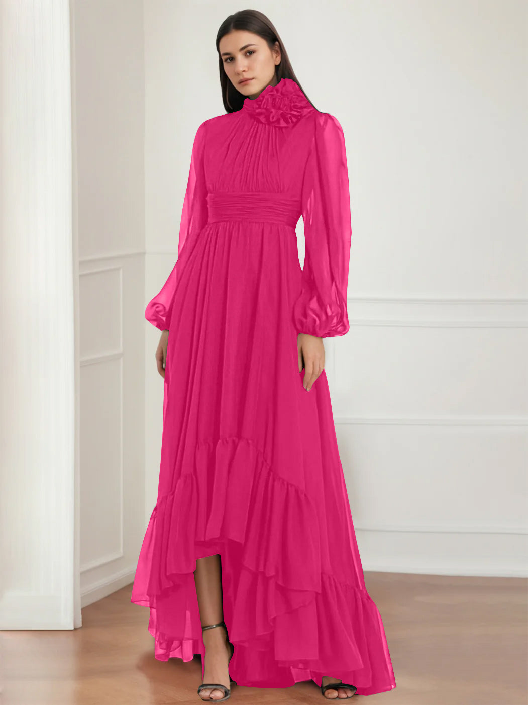 Asymmetrical A-Line Princess Jewel Neck Gown with Long Sleeves Ruffles & Floral Details