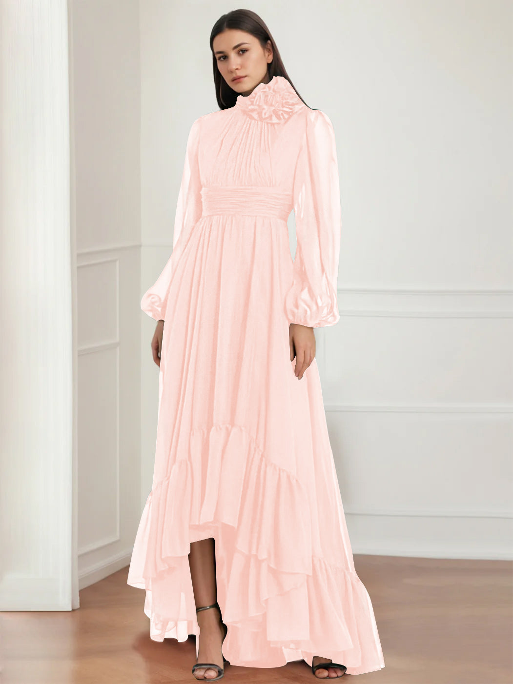 Asymmetrical A-Line Princess Jewel Neck Gown with Long Sleeves Ruffles & Floral Details