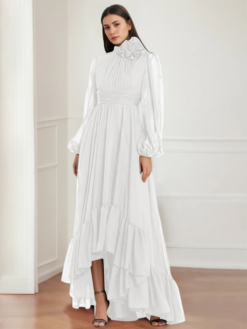 Asymmetrical A-Line Princess Jewel Neck Gown with Long Sleeves Ruffles & Floral Details