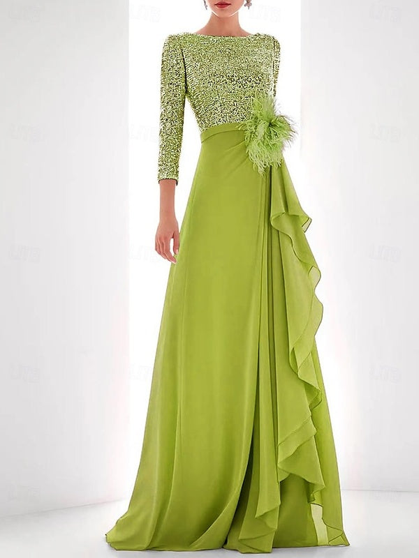 Asymmetrical A-Line Princess Jewel Neck Gown with Long Sleeves Sequin Feather and Pearl Details