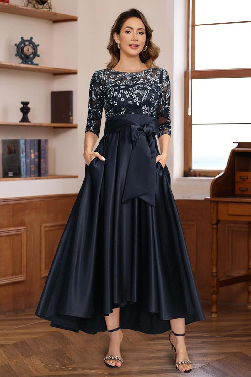 Asymmetrical Lace A-Line Dress with 3/4 Sleeves Appliques & Bow Belt for Mother of the Bride or Groom
