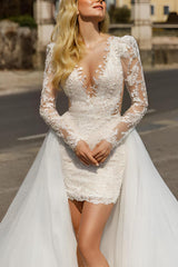 Asymmetrical Lace Long Sleeves Beach Wedding Dress with Panel Train