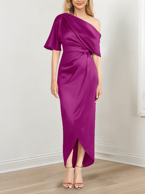 Asymmetrical One-Shoulder Short Sleeve Sheath Dress with Ruffles for the Mother of the Bride