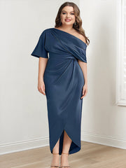 Asymmetrical One-Shoulder Short Sleeve Sheath Dress with Ruffles for the Mother of the Bride