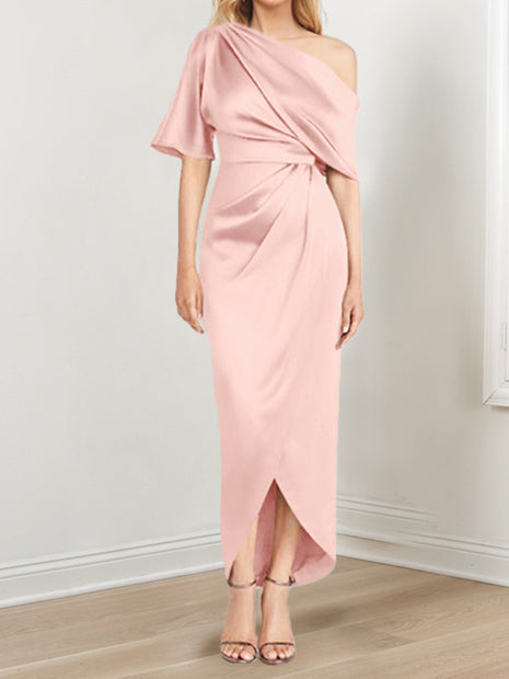 Asymmetrical One-Shoulder Short Sleeve Sheath Dress with Ruffles for the Mother of the Bride