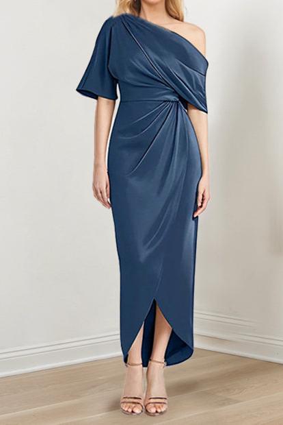 Asymmetrical One-Shoulder Short Sleeve Sheath Dress with Ruffles for the Mother of the Bride