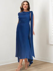 Asymmetrical Tea-Length Mother of the Bride Sheath Dress with Ruched Column Jewel Neck