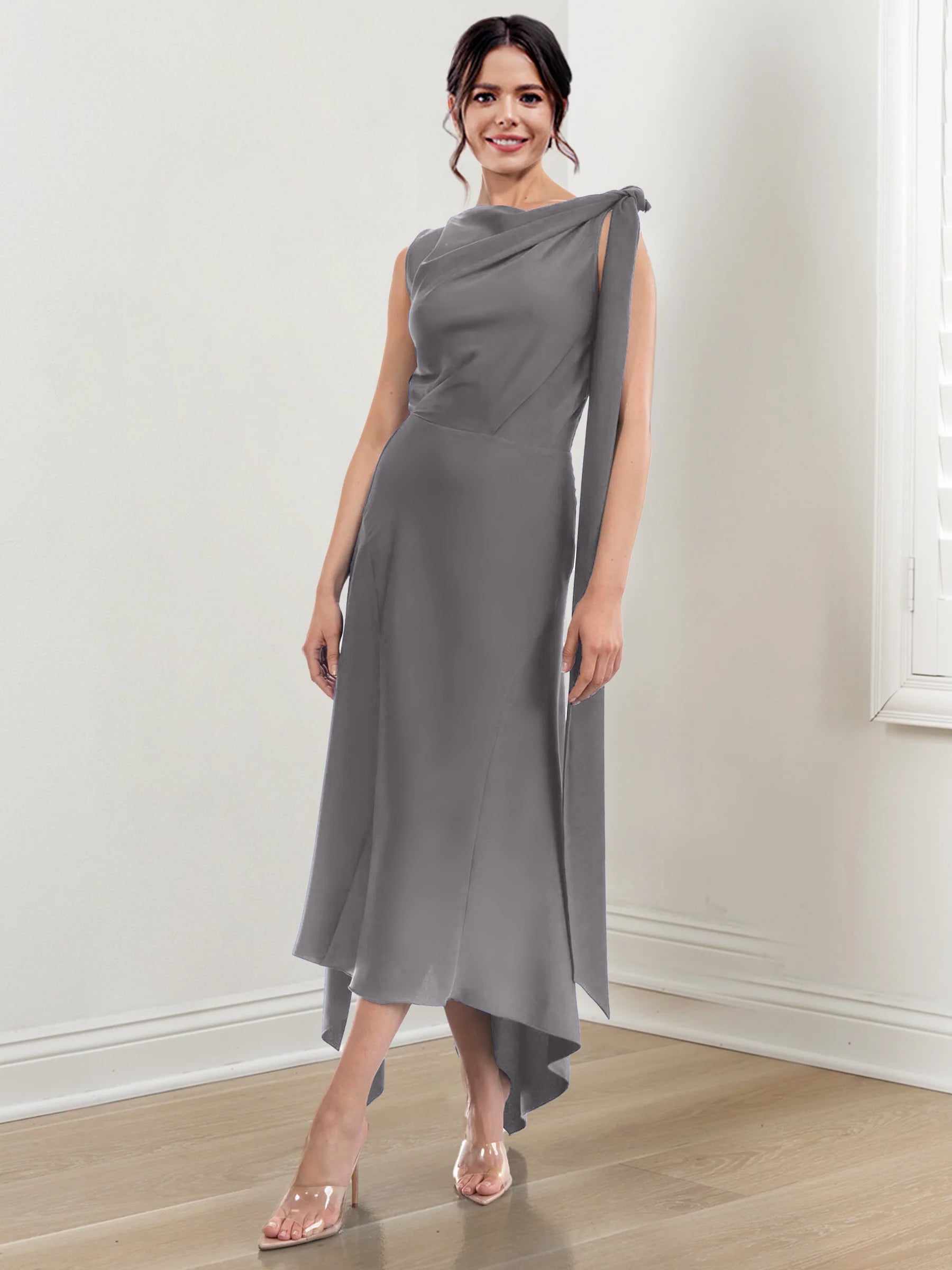 Asymmetrical Tea-Length Mother of the Bride Sheath Dress with Ruched Column Jewel Neck