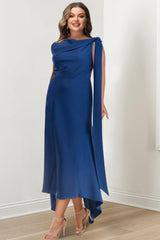Asymmetrical Tea-Length Plus Size Mother of the Bride Sheath Dress with Ruched Details