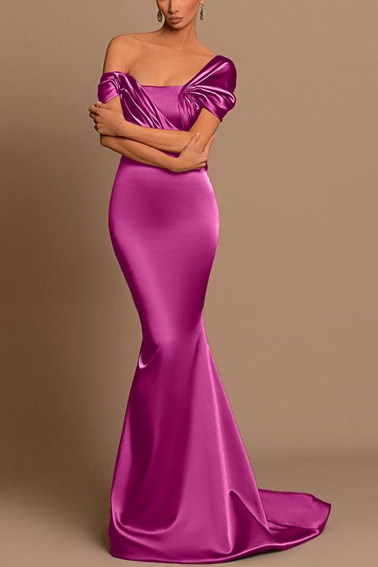 Asymmetrical short sleeves silk like satin bridesmaid dresses trumpet/mermaid style