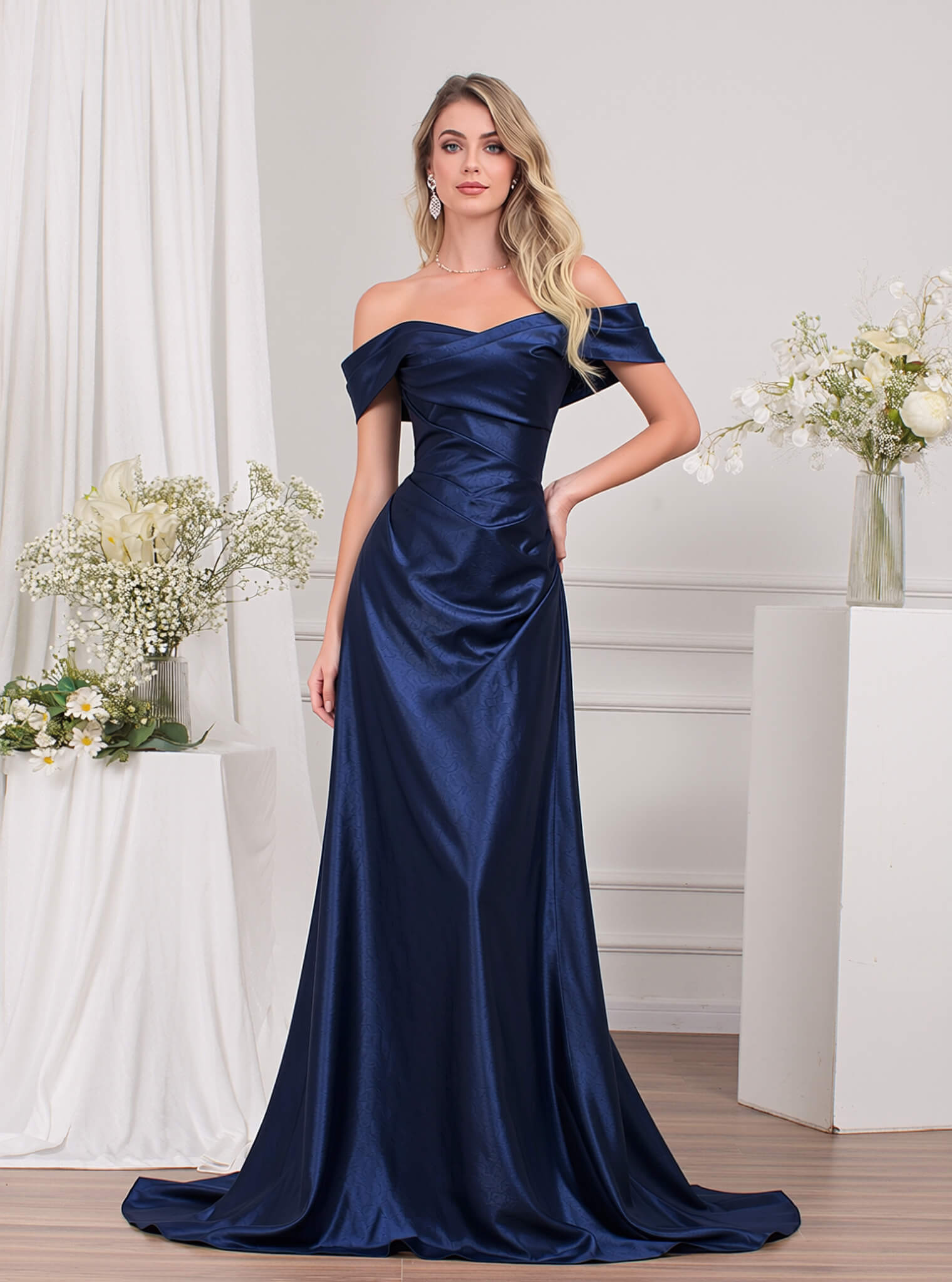 Navy Prom Dress Blue Off The Shoulder Formal Dress with Detachable Train