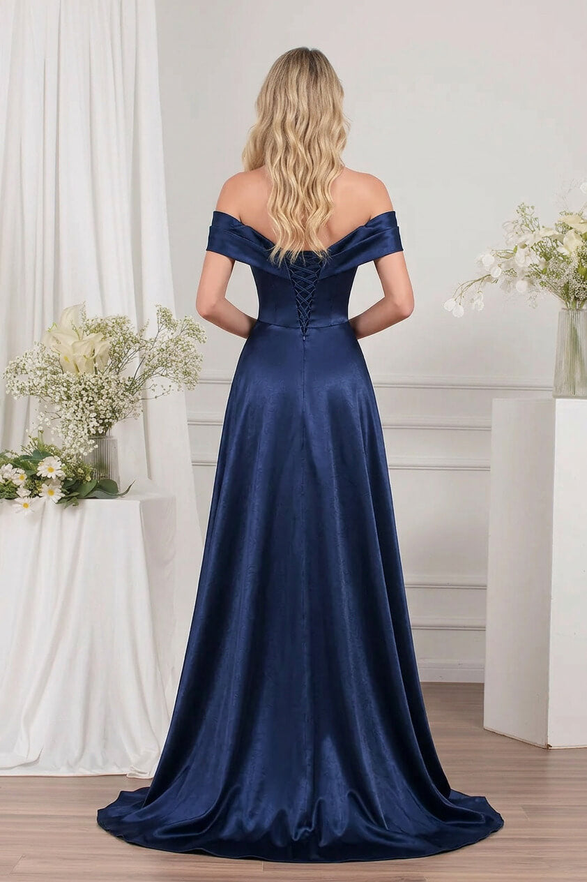 Navy Prom Dress Blue Off The Shoulder Formal Dress with Detachable Train