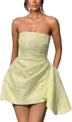 Ivory Jacquard Graduation Dress Satin Strapless Short Party Dress