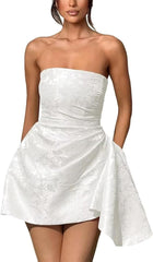 Ivory Jacquard Graduation Dress Satin Strapless Short Party Dress