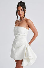 Ivory Jacquard Graduation Dress Satin Strapless Short Party Dress