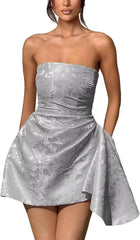 Ivory Jacquard Graduation Dress Satin Strapless Short Party Dress