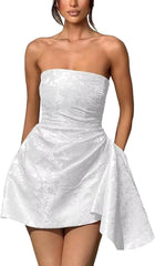 Ivory Jacquard Graduation Dress Satin Strapless Short Party Dress