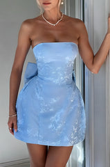 Blue Jacquard Graduation Dress Satin Strapless Short Party Dress with Bowknot